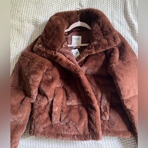 Abercrombie & Fitch Mini Puffer, brown faux fur, size Large. Never worn!